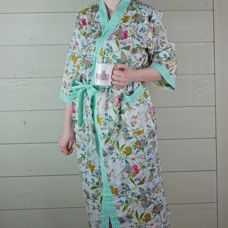 Cotton Floral Dressing Gown with Green Stripe Trim