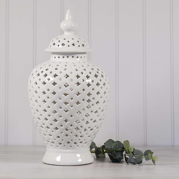 White Pierced Ceramic Temple Jar