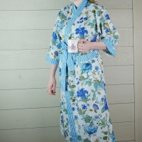 Floral Cotton Dressing Gown with Blue Stripe Trim