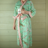 Green Floral Cotton Dressing Gown with Pink Trim
