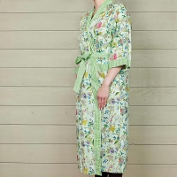 Green Floral Cotton Dressing Gown with Striped Trim
