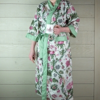 White Floral Cotton Dressing Gown with Green Trim