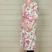 White Floral/Red Trim Cotton Dressing Gown 